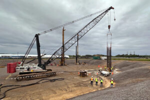 Placing rebar cage in drilled pier shaft